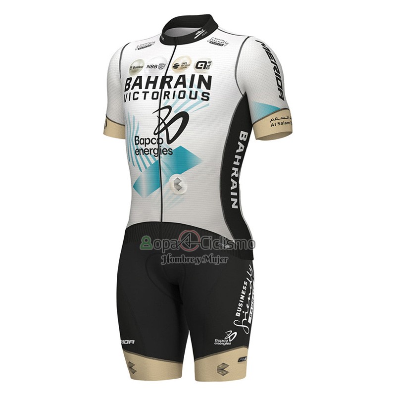 Bahrain Victorious Ropa Ciclismo Culotte Corto 2023 Mangas Cortas Blanco Azul